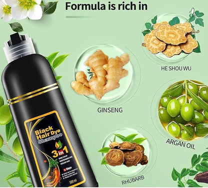 500ML Permanent Black Hair Color Dye Shampoo - Organic Natural Plant Essence for Women & Men, Covers Gray/White Hair, Instant 3-in-1 Hair Colouring Herbal Shampoo, 17 Fl Oz (BLACK)