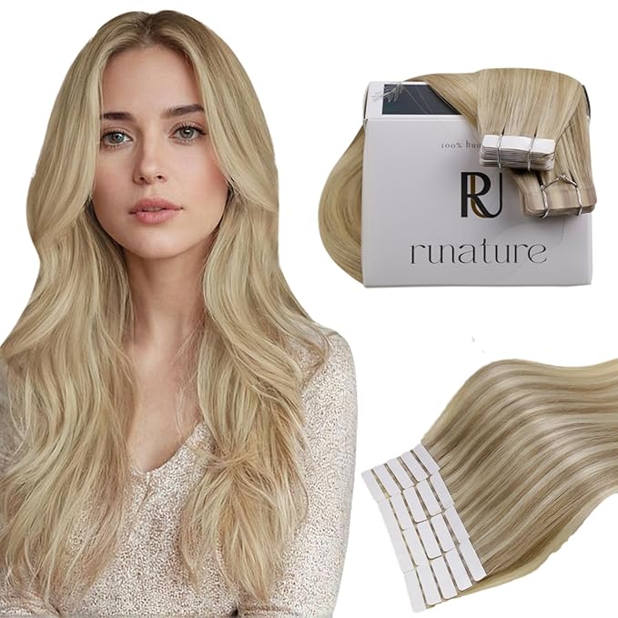 RUNATURE Human Hair Tape in Extensions Ash Blonde Mix Light Blonde Invisible Tape in Hair Extensions Human Hair 18 Inch Double Sided Remy Tape ins Human Hair Extension Silky Full Ends 50g 20pcs