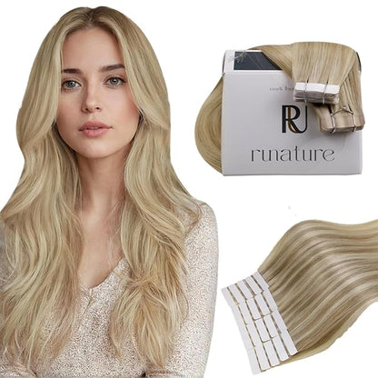 RUNATURE Human Hair Tape in Extensions Ash Blonde Mix Light Blonde Invisible Tape in Hair Extensions Human Hair 18 Inch Double Sided Remy Tape ins Human Hair Extension Silky Full Ends 50g 20pcs