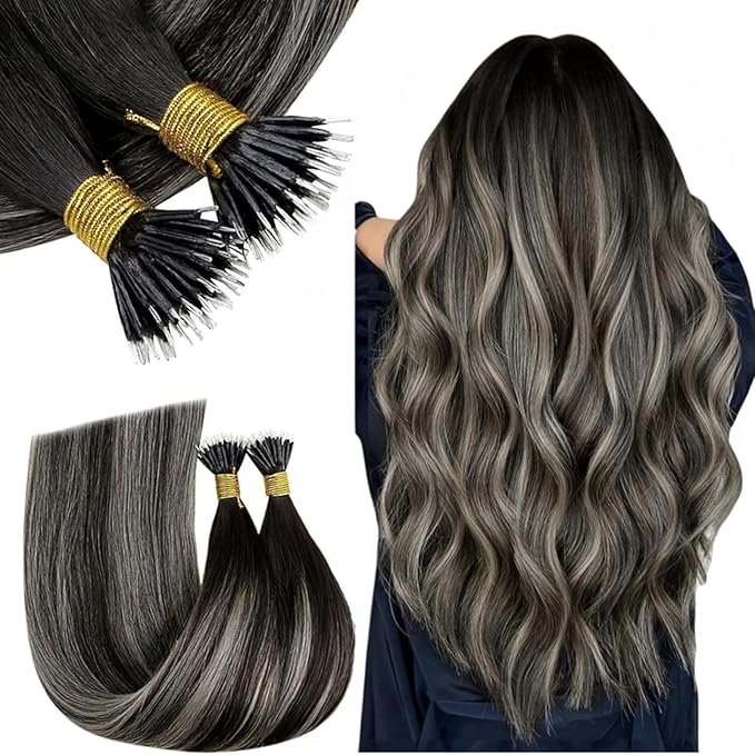 RUNATURE Nano Bead Hair Extensions Human Hair Ombre Black Silver to Silver Nano Hair Extensions Straight Nano Ring Hair Extensions Silky Keratin Nano Tip Hair Extensions Human Hair 16 Inch 50g 50s