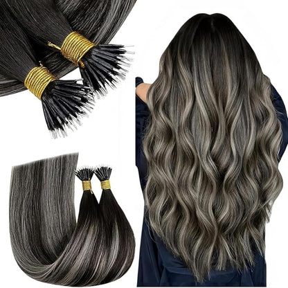RUNATURE Nano Bead Hair Extensions Human Hair Ombre Black Silver to Silver Nano Hair Extensions Straight Nano Ring Hair Extensions Silky Keratin Nano Tip Hair Extensions Human Hair 16 Inch 50g 50s