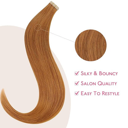 WENNALIFE Tape in Hair Extensions Human Hair, 10pcs 30g 26 inch Auburn Ginger Remy Invisible Tape Ins Straight Colored Soft Real Human Hair Tape in Extensions Refill Set Extensions