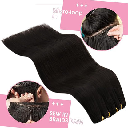 YoungSee 130G Sew in Hair Extensions Human Hair Dark Brown Weft Remy Hair Extensions Darkest Brown Sew in Long Hair Bundle for Normal Occasion 24 Inch