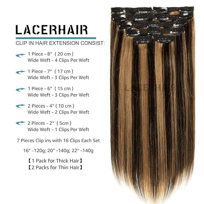 Lacer Remy Hair Clip in Extensions Human Hair Color P#1B/30 Auburn Brown Highlight Natural Black 20 Inch Invisible Human Hair Clip in Extensions Full Head 7pcs 140G