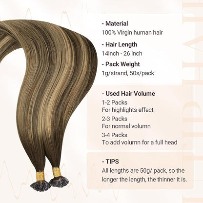 MAXITA U Tip Hair Extensions Human Hair, Balayage Chocolate Brown to Caramel Blonde Virgin Human Hair Extensions Real Human Hair, 50g/50 Strands/Pack, 16 In
