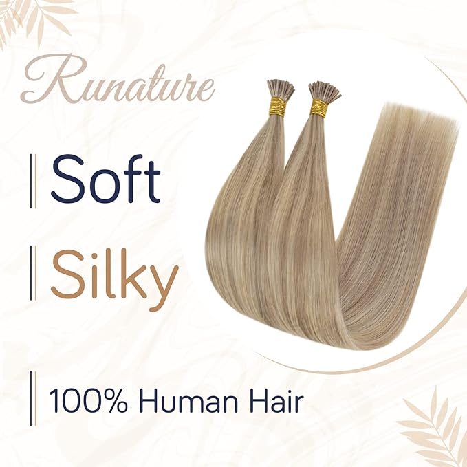 RUNATURE I Tip Extensions Human Hair，Real Human Hair Extensions I Tip, Balayage Silky Long Blonde Hair, Pre Bonded Soft Hair #1622 Golden Blonde with Light Blonde 14Inch 50G 50s