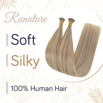 RUNATURE I Tip Extensions Human Hair，Real Human Hair Extensions I Tip, Balayage Silky Long Blonde Hair, Pre Bonded Soft Hair #1622 Golden Blonde with Light Blonde 14Inch 50G 50s