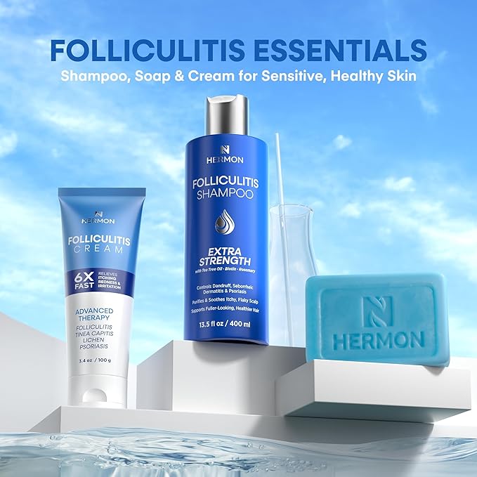 Hermon Folliculitis Shampoo for Itchy Scalp: Psoriasis, Dandruff & Seborrheic Dermatitis & Biotin – Soothes | Exfoliates | Reactivates Follicles