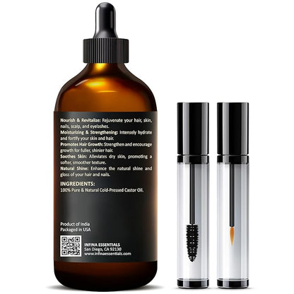 Pure Cold Pressed Hexane-Free Castor Oil - Glass Bottle for Hair Growth, Face, Scalp, Skin & Eyelashes - Nourishing & Moisturizing - 4 fl oz