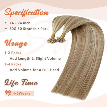 Sunny Hair U Tip Hair Extensions Human Hair Light Brown Mix Platinum Blonde for Daily Use,Midway Down the Upper Arm Ktips 18inch 50g