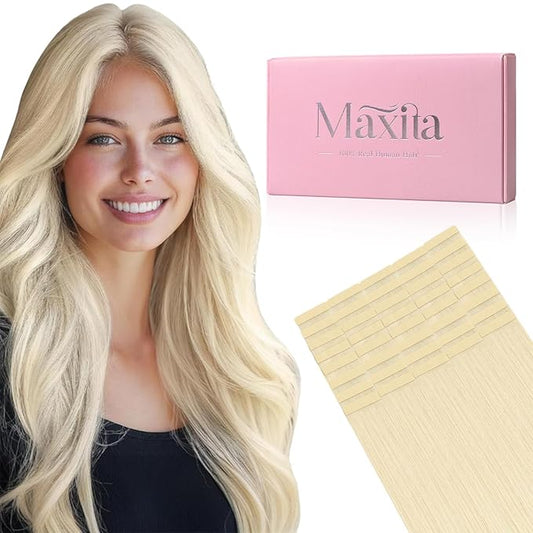 MAXITA Tape in Hair Extensions Human Hair Platinum Blonde 24 Inch 100g 40pcs Thick Ends Remy Seamless Straight Human Hair Extensions Invisible Tape in Extensions Human Hair
