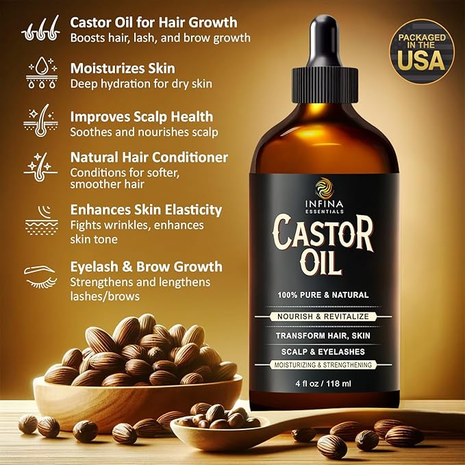 Pure Cold Pressed Hexane-Free Castor Oil - Glass Bottle for Hair Growth, Face, Scalp, Skin & Eyelashes - Nourishing & Moisturizing - 4 fl oz