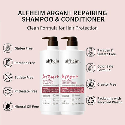 Alfheim Argan Repairing Shampoo & Conditioner Set | Sulfate-Free for Dry ＆ Damaged Hair | Argan Oil, Keratin & Niacinamide Infused to Strengthen ＆ Moisturize, Reduce Breakage ＆ Anti-Frizz | 33.8oz*2