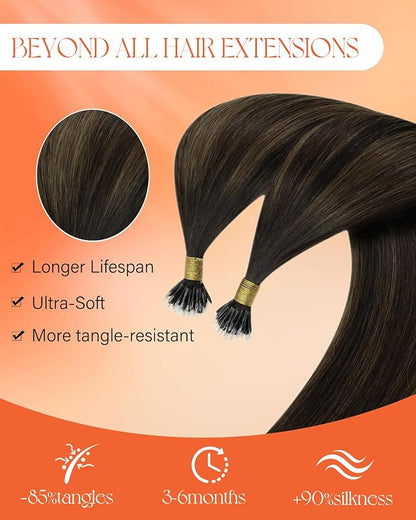 Sunny Hair Nano Hair Extensions Human Hair Balayage Brown Nano Ring Hair Extension Dark Brown Ombre Medium Nano Tip Hair Extensions Real Human Hair for Women 50G 20Inch