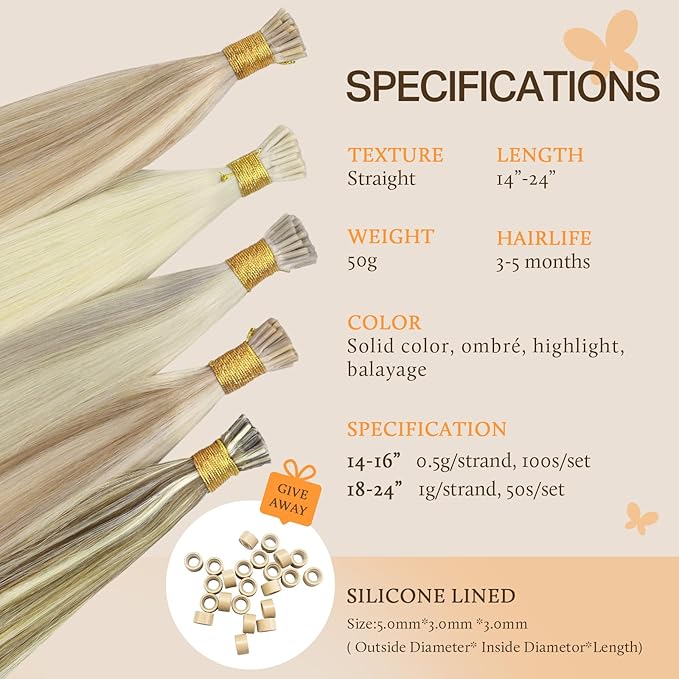 DOORES I Tip Hair Extensions, Light Blonde Highlighted Golden Blonde 50g/100s 14 Inch, Cold Fusion Hair Extensions Remy Silky Straight Hair