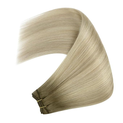 YoungSee Ombre Blonde Human Hair Weft Extensions Straight Silky Sew in Real Human Hair Extensions Ash Blonde Ombre Sunkissed Blonde Sew in Hair Extensions Human Hair 24Inch 100G