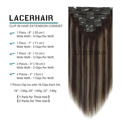 Lacer New Version Thick Hair Extensions Clip in Human Hair Silky Straight Dark Brown to Medium Brown Highlight Dark Brown R#2-2/6 140g 7pcs with 16 Clips per Set 22 Inch
