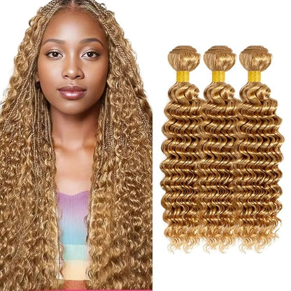 #27 Blonde Bundles Human Hair Deep Wave Bundles 30 32 34 Inch Unprocessed Brazilian Virgin Hair Weave 3 Bundles 50 Grams Per Bundle Honey Blonde Human Hair Extensions