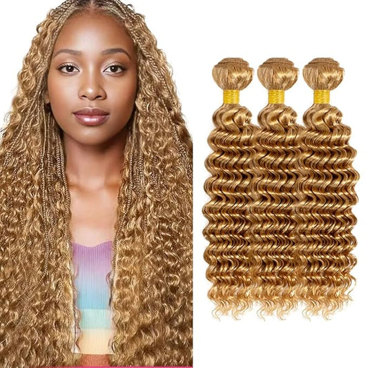 #27 Blonde Bundles Human Hair Deep Wave Bundles 30 32 34 Inch Unprocessed Brazilian Virgin Hair Weave 3 Bundles 50 Grams Per Bundle Honey Blonde Human Hair Extensions