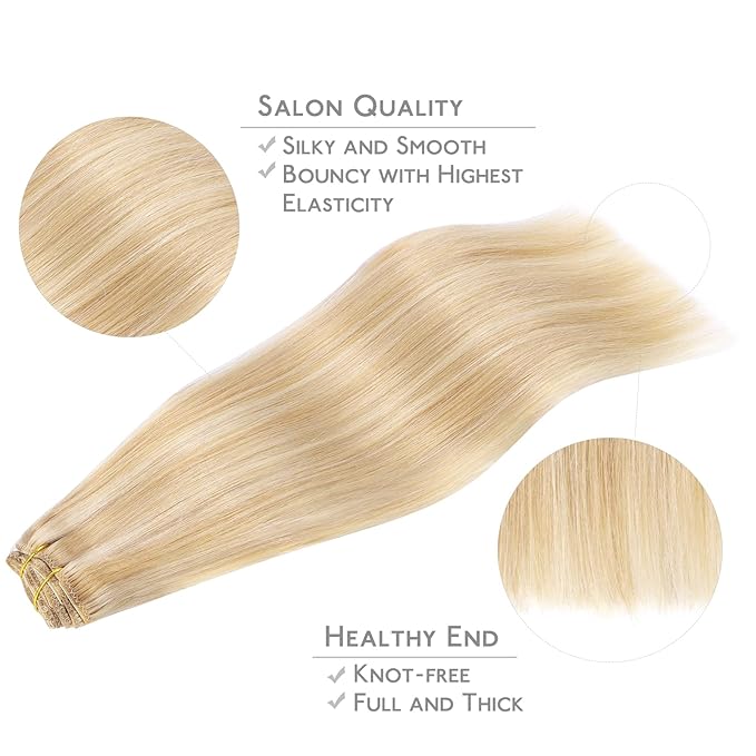 WENNALIFE Hair Extensions Clip In, 9pcs 24inch 150g Dirty Blonde Highlighted Bleach Blonde Thicker Clip In Hair Extensions Real Human Hair Remy hair extension Double Weft Clip in Human Hair Extensions