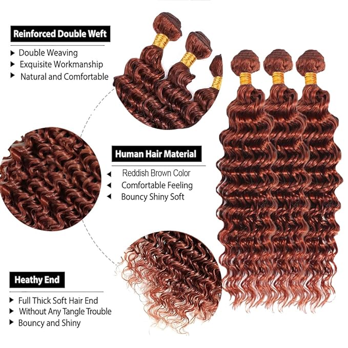 Reddish Brown Human Hair Bundles Color 33 Deep Wave Bundle Mixed Length 24 26 28 Inch Double Weft Unprocessed Brazilian Virgin Remy Hair Copper Red Deep Curly Bundles Silky and Soft