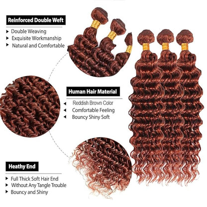 Reddish Brown Human Hair Bundles Color 33 Deep Wave Bundle Mixed Length 24 26 28 Inch Double Weft Unprocessed Brazilian Virgin Remy Hair Copper Red Deep Curly Bundles Silky and Soft