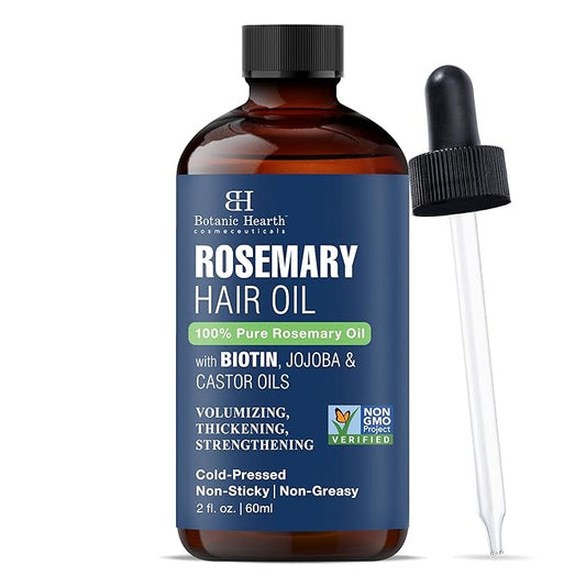 Botanic Hearth 100% Pure Rosemary Oil For Hair (2 Fl Oz) Infused With Biotin, Jojoba & Castor Oil | Hair Strengthening Treatment | Nourishing & Volumizing | Non Gmo Verified