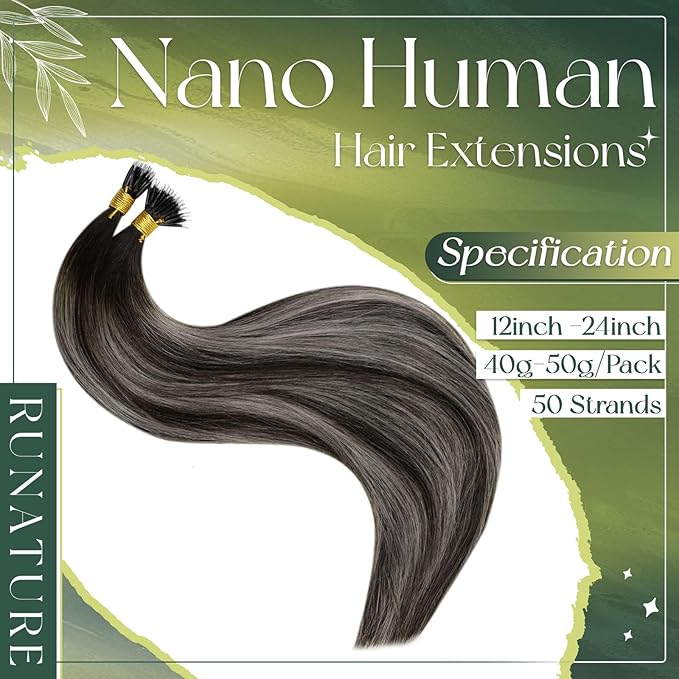 RUNATURE Nano Bead Hair Extensions Human Hair Ombre Black Silver to Silver Nano Hair Extensions Straight Nano Ring Hair Extensions Silky Keratin Nano Tip Hair Extensions Human Hair 16 Inch 50g 50s