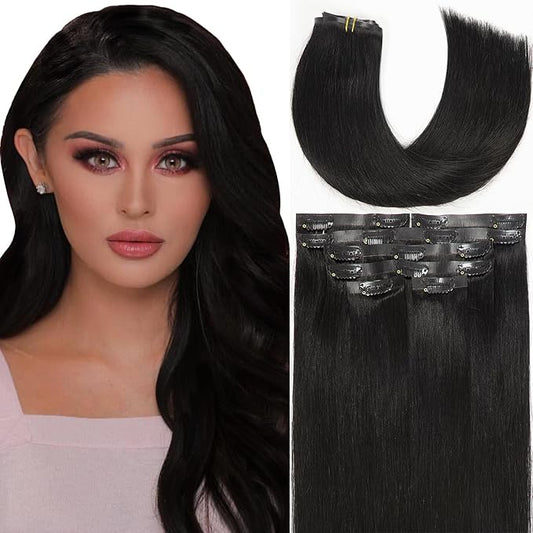 Lacer Hair Glam Seamless Clip in Hair Extensions Natural Off Black Human Hair Extensions 110g 7pcs 20 Inch Clip in Human Hair with Invisible PU Weft Remy Seamless Clip on Hair Extensions for Women #1
