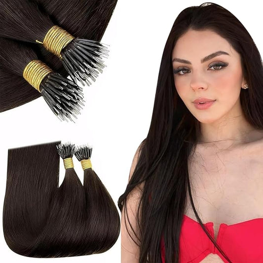 RUNATURE Brown Nano Hair Extensions Real Human Hair Darkest Brown Nano Tip Hair Extensions Real Human Hair Brown Nano Ring Extensions Real Hair 12 Inch 40 Gram