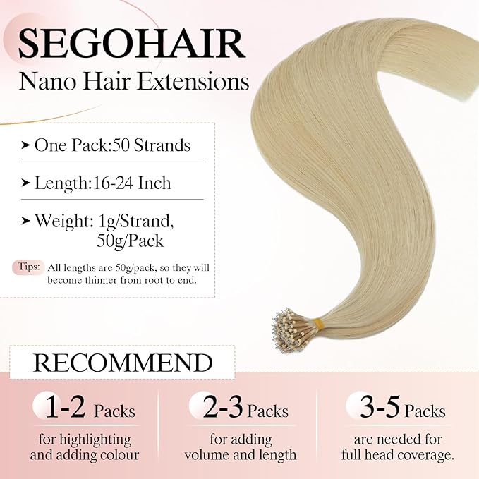 Nano Bead Human Hair Extensions nano rings hair extensions Nano-bond Hair Extensions Nano Tip Extensions Silky Straight Natural 50g/50 Stands 18" Platinum blonde