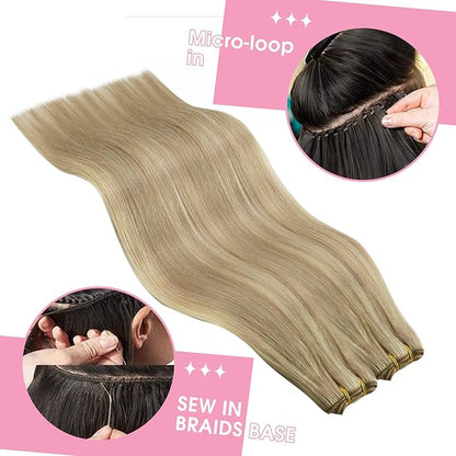 YoungSee Sew in Hair Extensions Blonde Highlight Hair Extensions Sew in Dark Ash Blonde Highlighted Light Blonde Weft Hair Extensions Real Human Hair Highlight Butterfly Weft 22Inch 100G