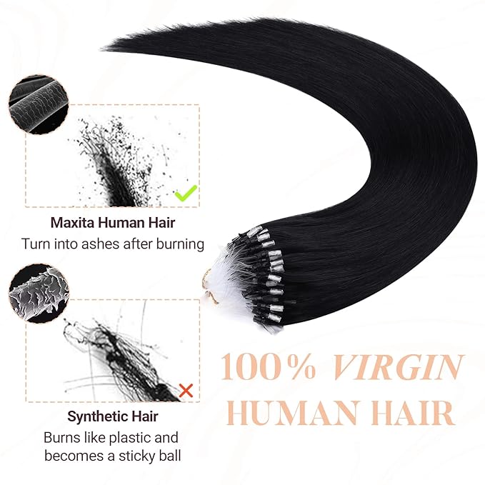 MAXITA Microlink Hair Extensions Human Hair, Jet Black Micro Bead Hair Extensions Virgin Human Hair, 50g/50 Strands/Pack, 14 In