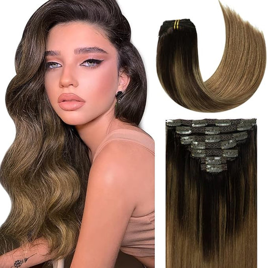 Lacer Dark Brown Roots Clip in Hair Extensions Human Hair Fading to Chestnut Brown Clip in Extensions 22 Inch for Long Natural Extensions Human Hair 140 Grams 7 Pcs