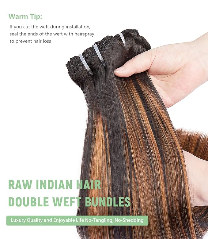 mlip Raw Bundles Human Hair Straight, No Tangle Shedding, Keep Texture Silky Soft After Multiple Washes, 15A Raw Indian Hair Bundles 10 12 14 Inches, Brown Highlight Color