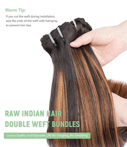 mlip Raw Bundles Human Hair Straight, No Tangle Shedding, Keep Texture Silky Soft After Multiple Washes, 15A Raw Indian Hair Bundles 10 12 14 Inches, Brown Highlight Color