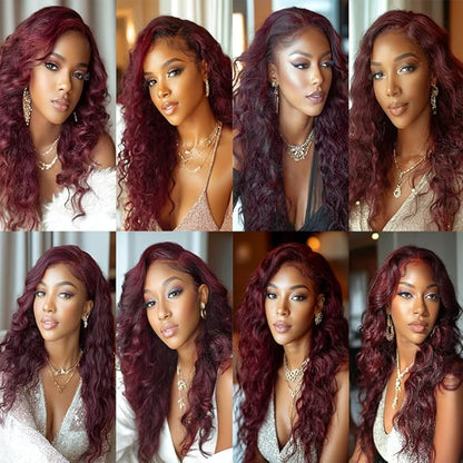 99j Human Hair Burgundy Deep Wave Bundles Wine Red Human Hair Deep Wave Bundles Brazilian Wet and Wavy Soft Silky for Black Woman 12 14 16 Inch