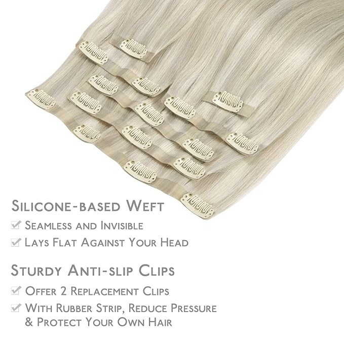 WENNALIFE Seamless Clip In Hair Extensions, 20 Inch 7pcs 150g Ash Blonde Highlighted Platinum Blonde Human Hair Extensions, Invisible PU Weft