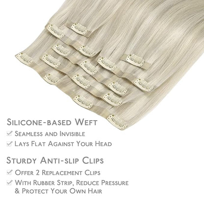 WENNALIFE Seamless Clip In Hair Extensions, 20 Inch 7pcs 150g Ash Blonde Highlighted Platinum Blonde Human Hair Extensions, Invisible PU Weft
