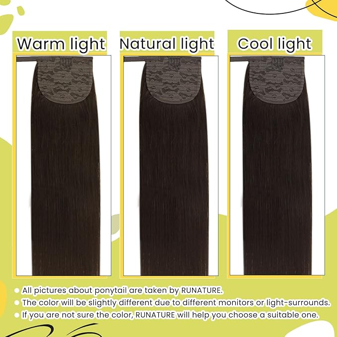 RUNATURE Dark Brown Ponytail Extension Real Human Hair Short Ponytail Hair Extensions Remy Hair Straight Brazilian Pony Tails Hair Extensions Clips 12 Inch Human Hair Ponytail Extension Silky 70g