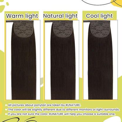 RUNATURE Dark Brown Ponytail Extension Real Human Hair Short Ponytail Hair Extensions Remy Hair Straight Brazilian Pony Tails Hair Extensions Clips 12 Inch Human Hair Ponytail Extension Silky 70g
