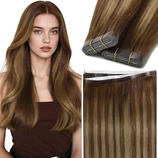 Lacer 18 Inch Wide Tape in Hair Extensions Chocolate Brown To Caramel Blonde With Brown Roots Invisible Long Weft Hair Extensions Human Hair One Piece Tape Weft For Women 50G