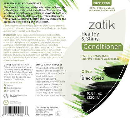 Zatik Naturals - Healthy & Shiny Shampoo and Conditioner set, with Olive and Black Seed, Voluminizing and Safe for Color Treated Hair - one of each 10.80 fl oz.