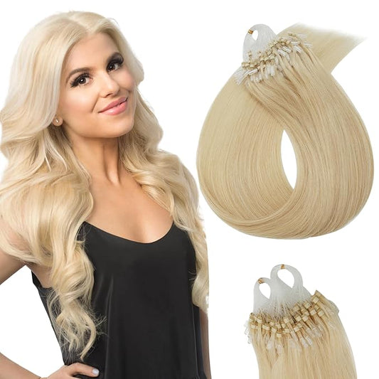 Micro Link Hair Extensions Human Hair Micro Bead Extensions Micro Loop Micro Ring Human Hair Extensions for Women Silky Straight Natural 50g/100 Stands 20" Bleach blonde