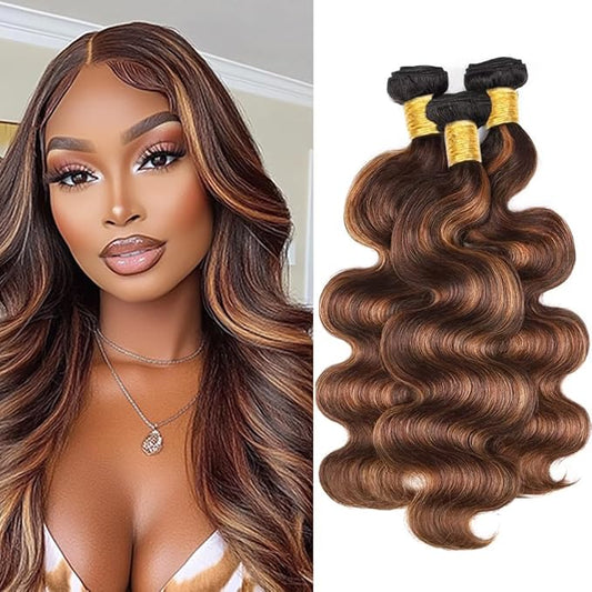 Ombre P430 Body Wave Bundles Human Hair Highlight Body Wave Bundles Brown and Light Brown two tone Brazilian Human Hair Soft and Silky for Black Women 26 28 30 Inch