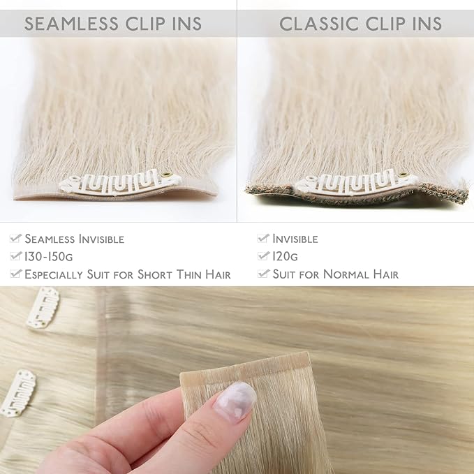 WENNALIFE Seamless Clip In Hair Extensions, 18 Inch 7pcs 130g Ombre Ash Blonde to Golden Blonde Balayage Platinum Blonde Hair Extensions Clip In Invisible PU Weft Real Human Hair Extensions Clip In