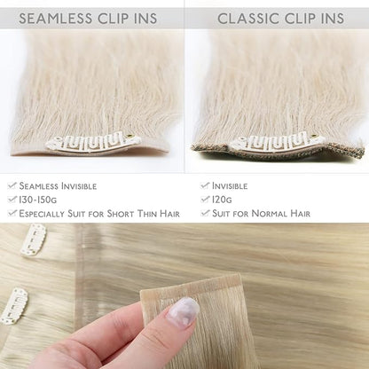 WENNALIFE Seamless Clip In Hair Extensions, 18 Inch 7pcs 130g Ombre Ash Blonde to Golden Blonde Balayage Platinum Blonde Hair Extensions Clip In Invisible PU Weft Real Human Hair Extensions Clip In