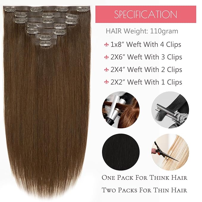 Loxxy Seamless Clip in Hair Extensions Remy Human Hair Chocolate Brown Inviisble PU Hair Extensions Clip in Human Hair Double Weft Silky Straight Thich End #4 7 Pieces 110g 14inch