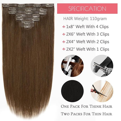 Loxxy Seamless Clip in Hair Extensions Remy Human Hair Chocolate Brown Inviisble PU Hair Extensions Clip in Human Hair Double Weft Silky Straight Thich End #4 7 Pieces 110g 14inch