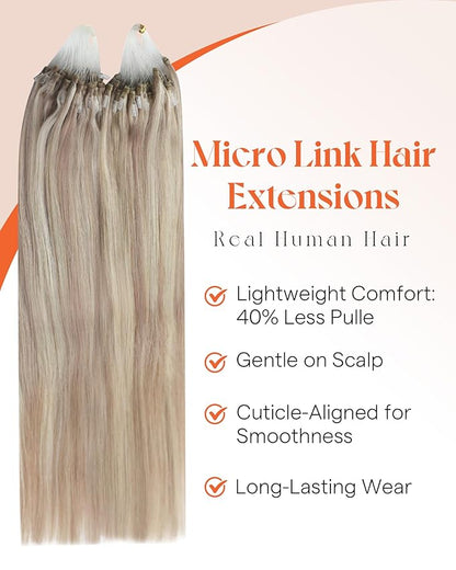 Sunny Hair Microlink Hair Extensions Human Hair 24inch Micro Beads Hair Extensions Ash Blonde Highlight Bleach Blonde Cold Fusion Extensions Add Length 24inch 50g